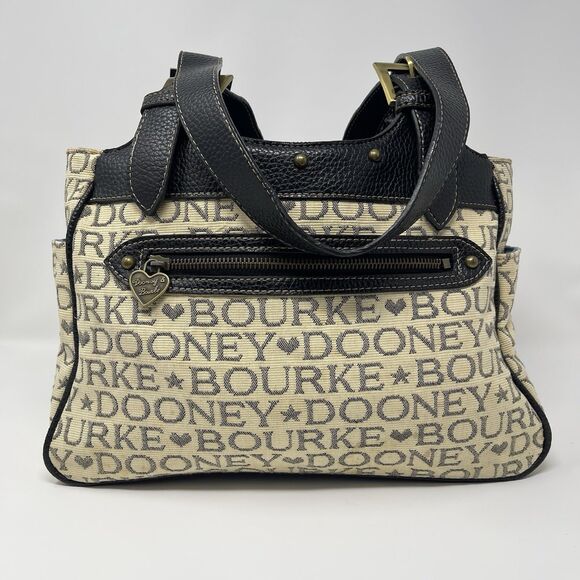 Dooney Bourke Tote Bag Tan Canvas  Black Lettering Leather Handbag Adjustable - Picture 2 of 14